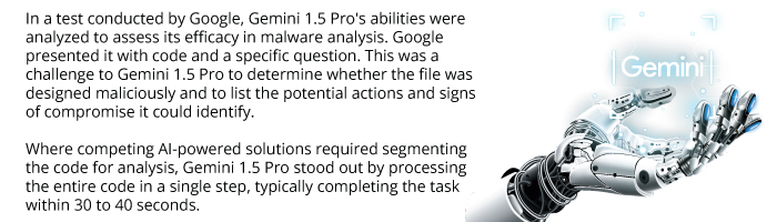 Gemini 1.5 Pro's abilities were analyzed to assess its efficacy in malware analysis. Google presented it with code and a specific question. This was a challenge to Gemini 1.5 Pro to determine whether the file was designed maliciously and to list the potential actions and signs of compromise it could identify.